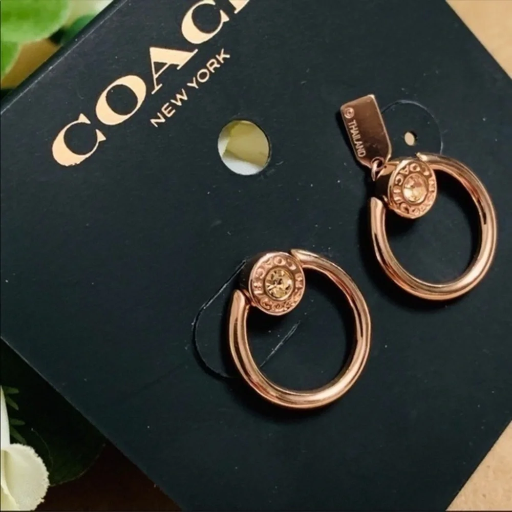 Coach Rose Gold Circle Hoop Earrings Crystal Signature Logo NWT - Picture 2 of 3